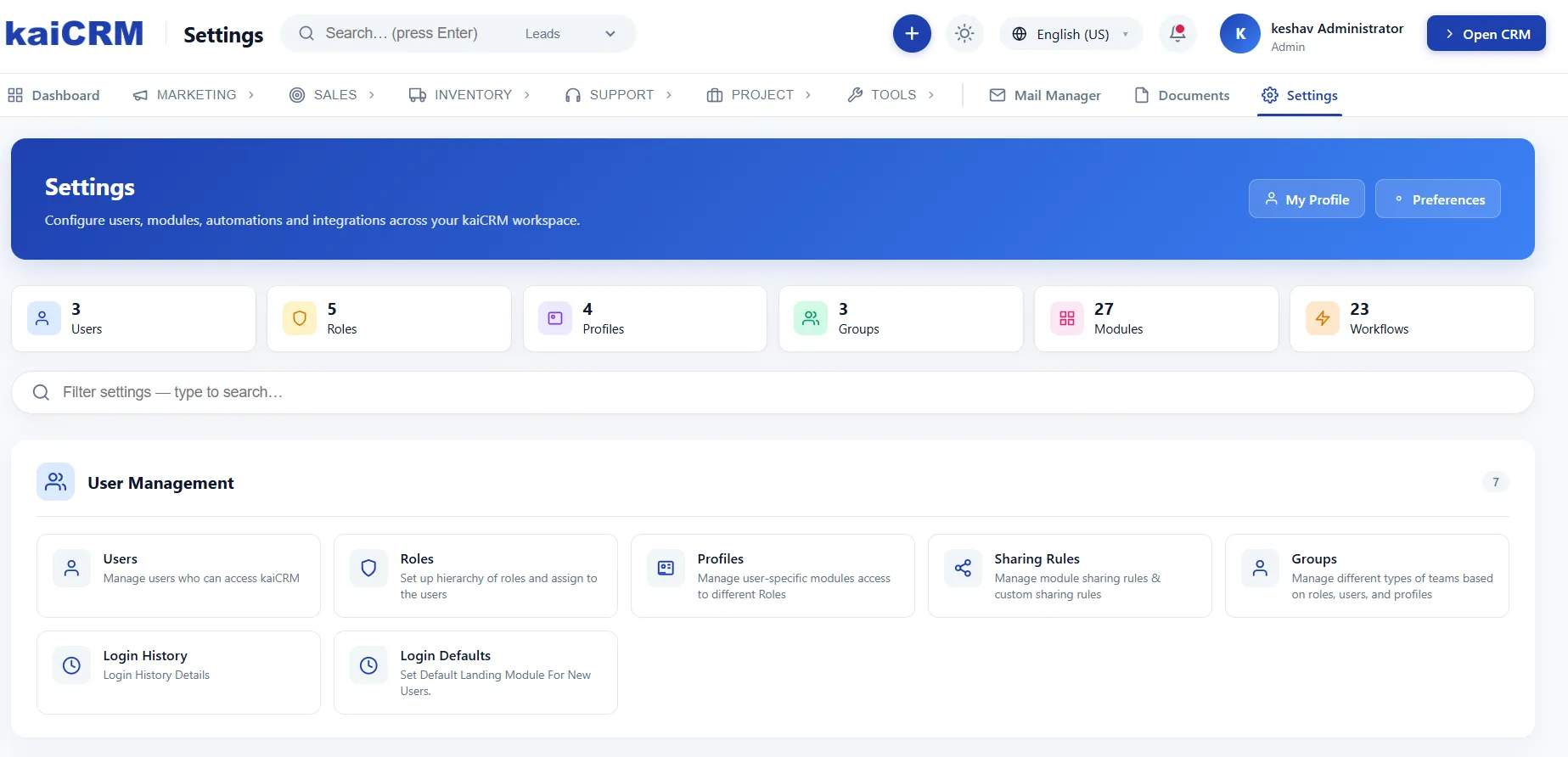 KaiCRM administration and integrations