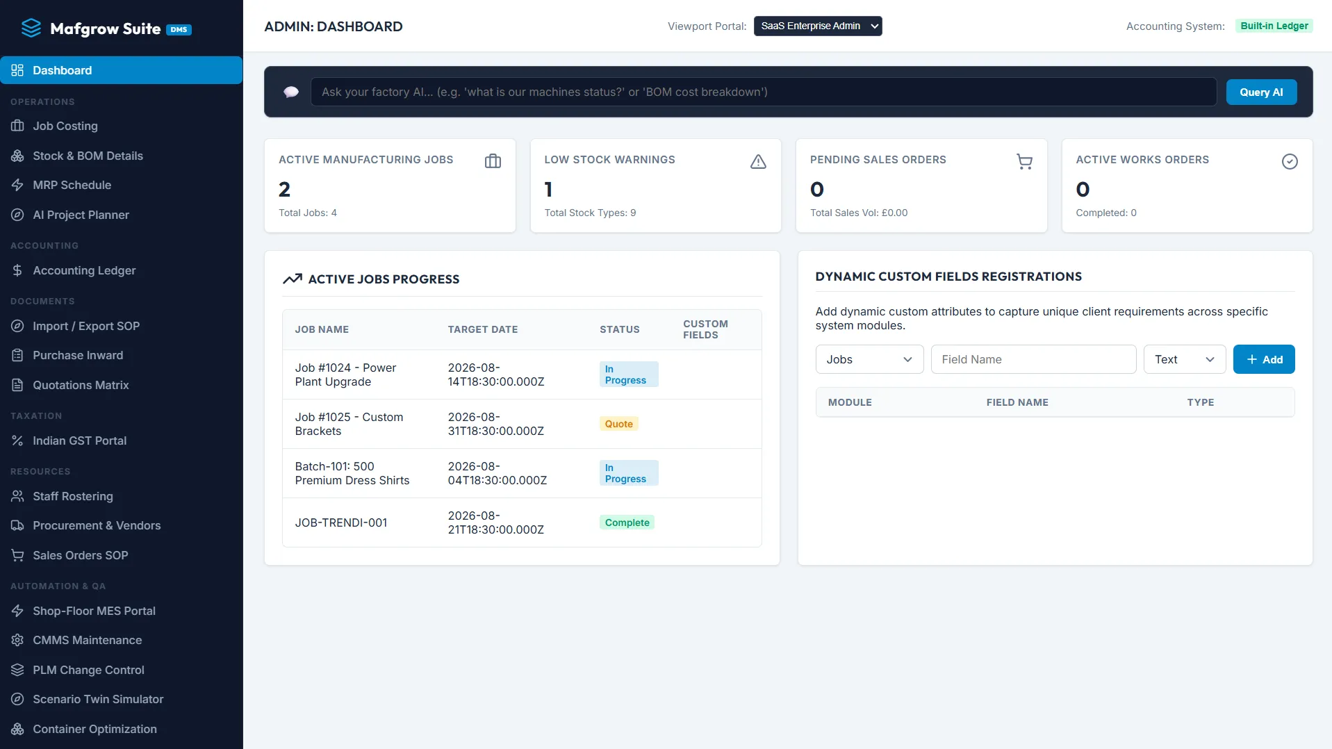 MafGrow manufacturing operations dashboard